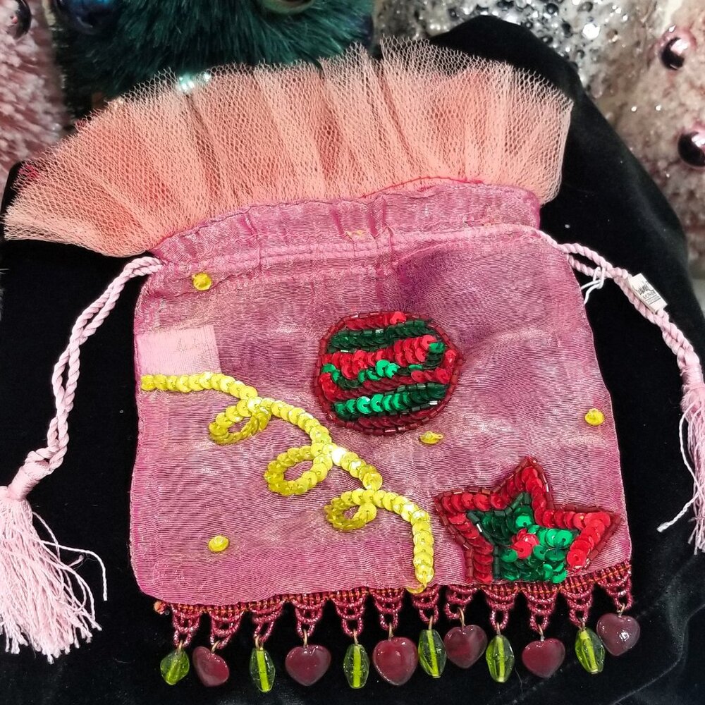 Katherine's Collection Vintage Pink Christmas Gift Bag Tulle INDIA Mesh Jeweled